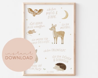 Kinderposter Affirmationsposter DEUTSCH Waldtiere Download Poster zum ausdrucken Sofortdownload digitale Datei Bild Kinderzimmer Babyzimmer