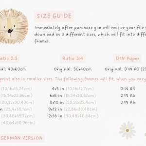 May include: A size guide for printable art featuring a cute cartoon lion with a brown and beige color scheme. The guide shows different sizes in inches and centimeters, including original sizes of 40x60 cm and 30x40 cm, as well as DIN paper sizes A3, A4, A5, and A6.