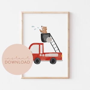 Kinderposter Feuerwehrbär Download Poster zum ausdrucken Sofortdownload digitale Datei Bild Kinderzimmer Rettungsfahrzeuge Kinder Feuerwehr