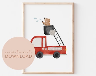 Kinderposter Feuerwehrbär Download Poster zum ausdrucken Sofortdownload digitale Datei Bild Kinderzimmer Rettungsfahrzeuge Kinder Feuerwehr