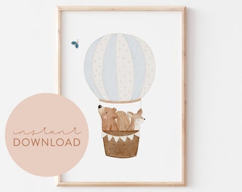 Kinderposter Tiere im Heißluftballon Download Poster zum ausdrucken Sofortdownload digitale Datei Bild Kinderzimmer Poster Bär Eichhörnchen