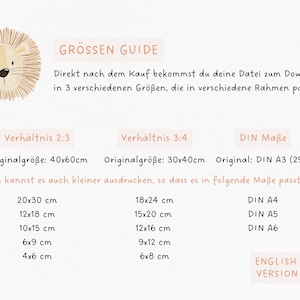 May include: A guide for printing sizes with a lion illustration. The guide shows the original size of the print, as well as the size of the print when it is scaled down to fit different standard paper sizes. The guide is written in German and includes the text "Gr&ouml;ssen Guide" and "English Version".