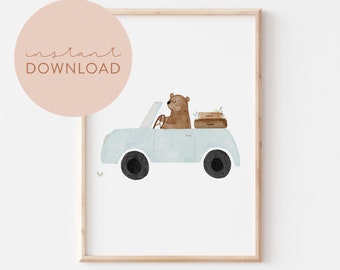 Kinderposter Bär Cabrio Download Fahrzeug Poster zum ausdrucken Sofortdownload digitale Datei Bild Kinderzimmer Babyzimmer Poster Tierposter