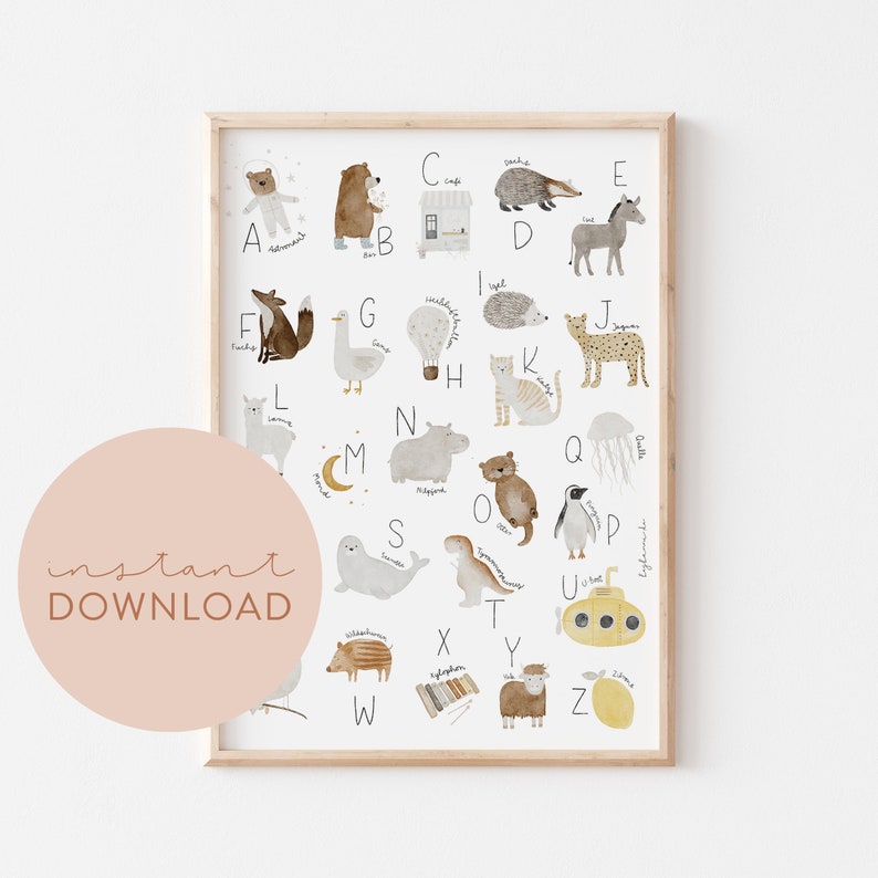 May include: A colorful alphabet poster featuring illustrated animals and objects for each letter. The poster is framed in a light wood frame and has a white background.