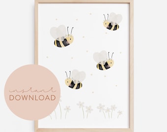 Kinderposter Bienen Blumen weiss Download Poster zum ausdrucken Sofortdownload digitale Datei Bild Kinderzimmer Babyzimmer Poster