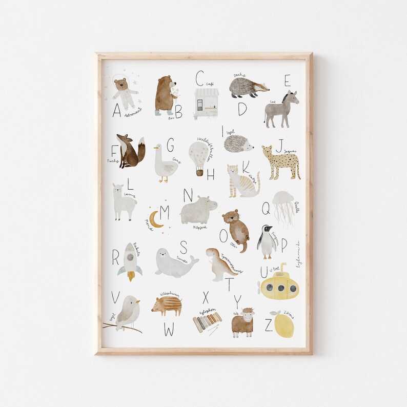 May include: A colorful alphabet poster with illustrations of animals and objects for each letter. The poster is framed in a light wood frame.