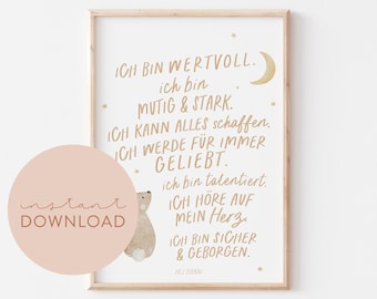 Kinderposter Affirmationsposter DEUTSCH Hase Download Poster zum ausdrucken Sofortdownload digitale Datei Bild Kinderzimmer Babyzimmer