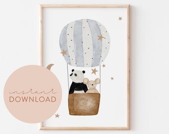 Kinderposter Panda & Maus im Heißluftballon Download Poster zum ausdrucken Sofortdownload digitale Datei Bild Kinderzimmer Babyzimmer Poster