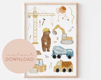 Kinderposter Bär Baustelle Download Bär Poster zum ausdrucken Sofortdownload digitale Datei Bild Kinderzimmer Babyzimmer Poster Tierposter