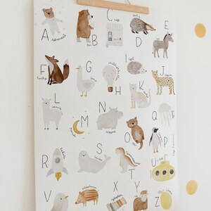 May include: A colorful alphabet poster with illustrations of animals and objects for each letter. The poster is printed on white paper and has a light brown wooden frame.