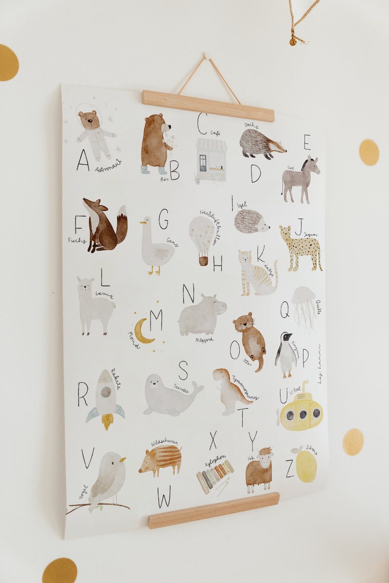 May include: A colorful alphabet poster with illustrations of animals and objects for each letter. The poster is printed on white paper and has a light brown wooden frame.