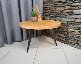 Table basse ronde en chêne massif Timberena, pieds en acier / table d'appoint, table basse, table de salon