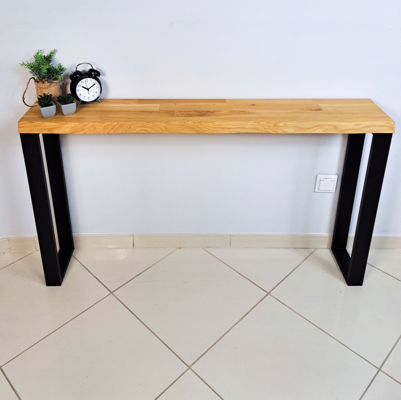 Timberena Table console en chêne massif fait main avec design moderne, bord vivant, pieds en forme de U image 5