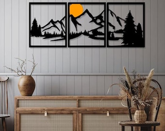 Golden Mountain Metal Wall Art: Modern Triptych Sculpture