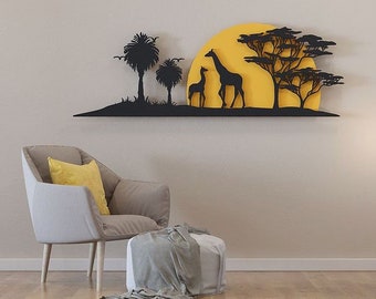 Giraffe Sunset Metal Wall Art: Savanna Tree Silhouette
