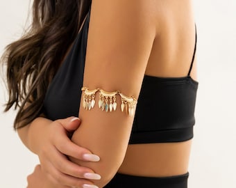 Leaf Charm Arm Bracelet, Gold/Silver Arm Cuff Bracelet, Boho Leaf Tassel Chain，Gift For Her