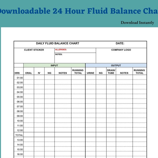 Downloadable 24 Hour Fluid Balance Chart