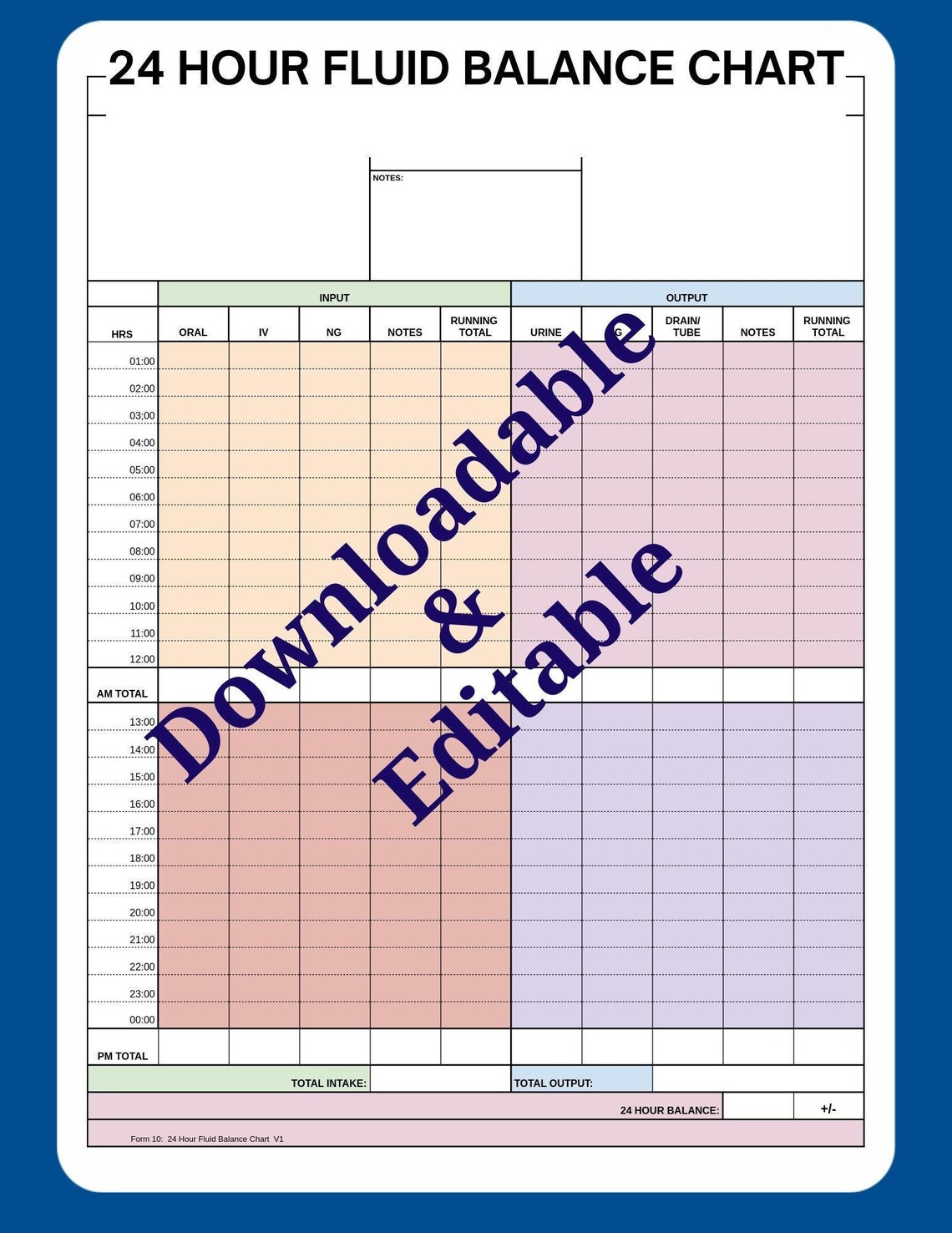 Downloadable 24 Hour Fluid Balance (input/output) Chart for Community ...
