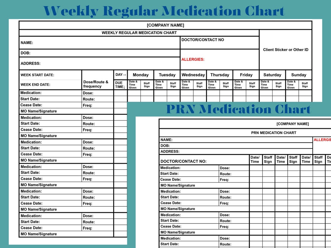 Weekly Regular Medication and PRN Medication Chart Set of 2 Record of