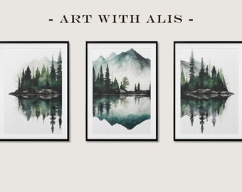Nature's Majesty: Watercolor Print of Mountains and Trees Wall Art