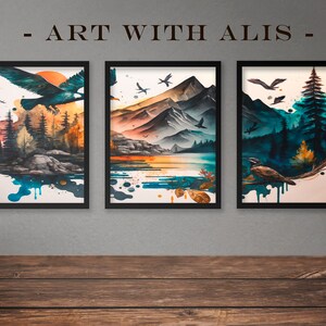 Wilderness Symphony: Dark Aquamarine and Amber Watercolor Painting of Mountains, Forests, and Birds