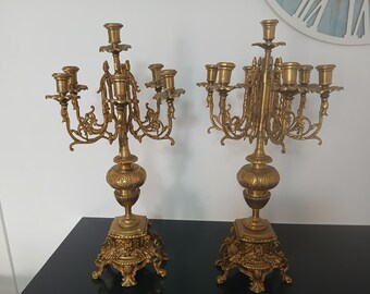 Para antycznych, pozłacanych, brązowych kandelabrów, 6 świateł, 57 cm, 16 kg, styl Ludwika XVI, vintage, w dobrym stanie, jak pokazano na zdjęciach