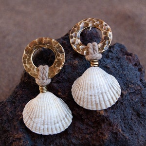Könnte beinhalten: Ein Paar goldene, gehämmerte Metall-Creolen mit einer weißen Muschel, die an jedem Kreis hängt. Die Ohrringe liegen auf einem dunkelgrauen Stein.