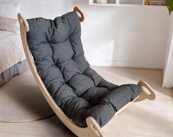 Cozy Wooden Rocker for Toddler: Plush Cushion Seat, Perfect for Reading Nook & Playroom Fun! Sturdy Kid-Sized Rocking Chair.
