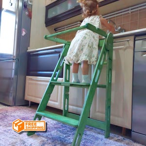 Toddler Tower Foldable Montessori Thin, Slim Collapsible Kitchen Ladder, Folding Helper Stool, Toddler Kitchen Tower, Kids Birthday Gift