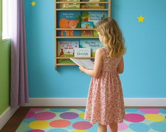 Kids Wooden Wall Bookshelf, Space-Saving Toddler Book Storage, Cute Children Room Easy Mount Shelf, Floating Kids Bookshelf for Small Spaces