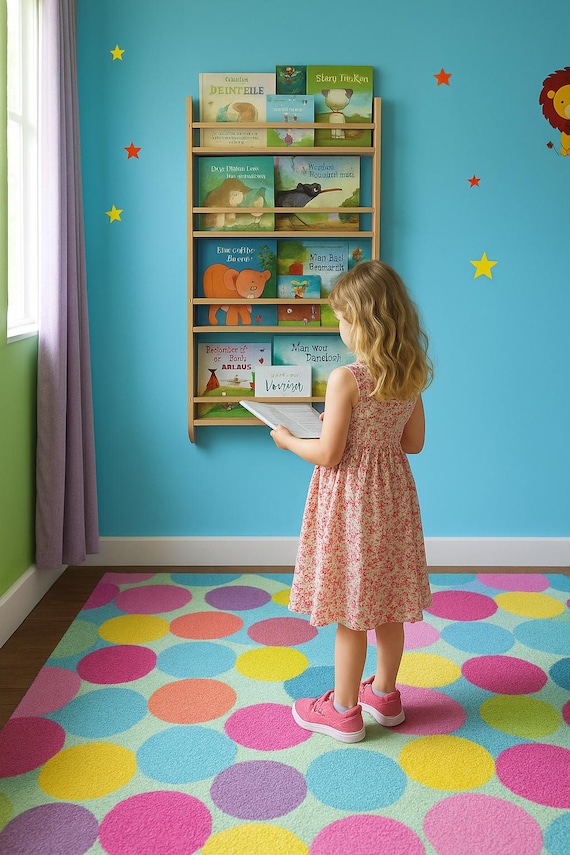 Kids Wooden Wall Bookshelf, Space-saving Toddler Book Storage