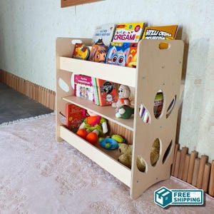 Wooden Book Organizer Kid Toyshelf, Nursery Display Shelf Storage for children room, Montessori Handmade Library Furniture Gift for Toddler