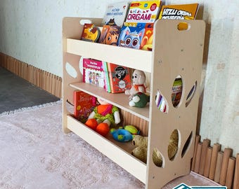 Wooden Book Organizer Kid Toyshelf, Nursery Display Shelf Storage for children room, Montessori Handmade Library Furniture Gift for Toddler