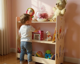 Kids wooden Bookshelf toy Organizer, Montessori Handmade Library Furniture Gift for Toddler, Nursery Display Shelf Storage for children room
