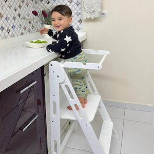 Montessori Kid Helper Easy Fold Kitchen Tower, Adjustable Toddler Tower Foldable, Child Convertable Kitchen Stool Folding, Birthday Gift