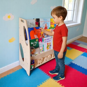 Toddler Height Wooden Bookshelf Montessori Style - Kid&#39;s First Library Storage Shelf, Low Profile Toddler Bookshelf for Nursery and Playroom