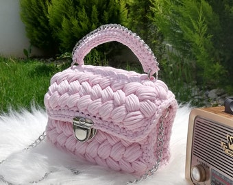 Pink Bag, Crochet Bag, Ladies Bag, Shoulder Bag, Chain Clutch Bag, Luxury Bag, Peanut Model Bag, hand bag