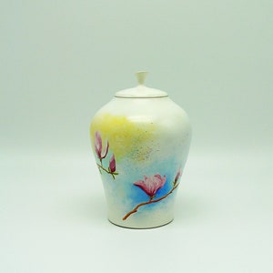 Small Size Magnolia, Hand Painted Wood Urn - Urn For Ashes - Turned Wood Urn - Urn For Human Ashes