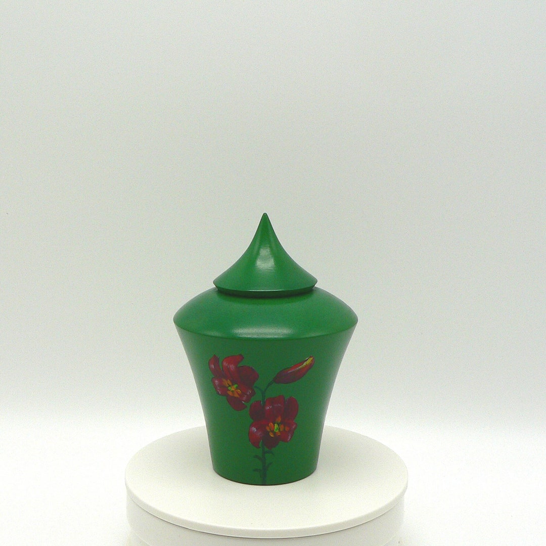 Lily Flower Hand Painted Wood Urn Urn for Ashes Turned Wood Urn Urn for