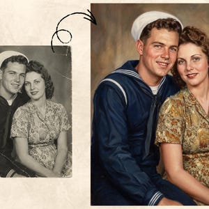 May include: A side-by-side comparison of a vintage black and white photograph and a colourised version of the same image. The photo features a sailor in a dark blue uniform with a white cap and a person in a floral print dress sitting together.