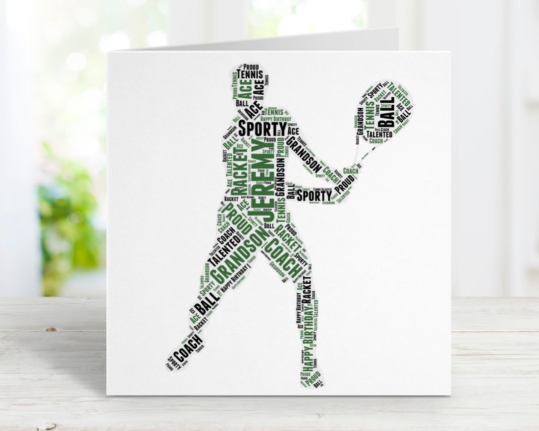 Tennis Player Card, Sports Word Art Personalised, Custom Message, Male ...