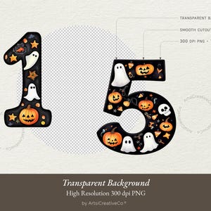 May include: Halloween themed number 15 clipart. The numbers are black with a variety of Halloween themed images including pumpkins, ghosts, and bats.