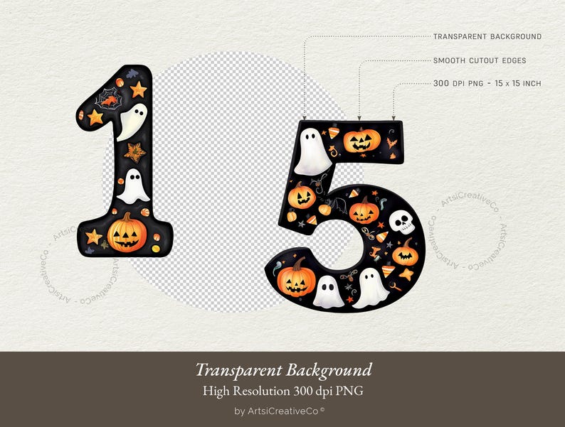 May include: Halloween themed number 15 clipart. The numbers are black with a variety of Halloween themed images including pumpkins, ghosts, and bats.