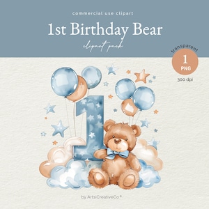 Ours en peluche 1er anniversaire PNG Clipart, ballon bleu pour bébé garçon, étape importante de la première année, baby shower, décoration de chambre d'enfant, scrapbooking, faire-part