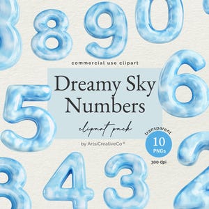 Clipart chiffres ciel de rêve, chiffres nuage bleu transparent, jalons d'anniversaire, marqueurs d'âge, décoration de chambre d'enfant, faire-parts, papeterie de fête