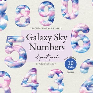 Galaxy chiffres Clipart PNG, chiffres cosmiques avec nuages, jalons d'anniversaire, marqueurs d'âge, décoration de chambre d'enfant, faire-part, papeterie de fête de l'espace