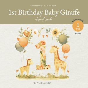 1er anniversaire de bébé girafe PNG, premier anniversaire, étape importante de bébé, des cliparts girafe, enfants numéros, un, premier an de bébé, clipart animaux de safari