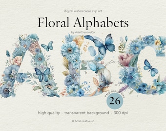 Paquete de imágenes prediseñadas PNG de letras del alfabeto floral, letras florales, imágenes prediseñadas florales, alfabeto estético, alfabeto azul, alfabeto de boda, mariposa