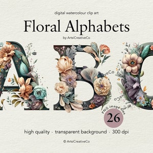 Floral Alphabets Letters Clipart PNG Bundle, Floral Letters, Floral Clipart, Aesthetic Alphabet, Black Alphabet, Wedding Alphabet, Monogram