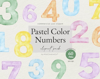 Pastel Numbers Clipart Bundle in 6 Colors,  Watercolor Numbers, Birthday Milestones, Age Markers, Nursery Decor, Scrapbooking, Invitation
